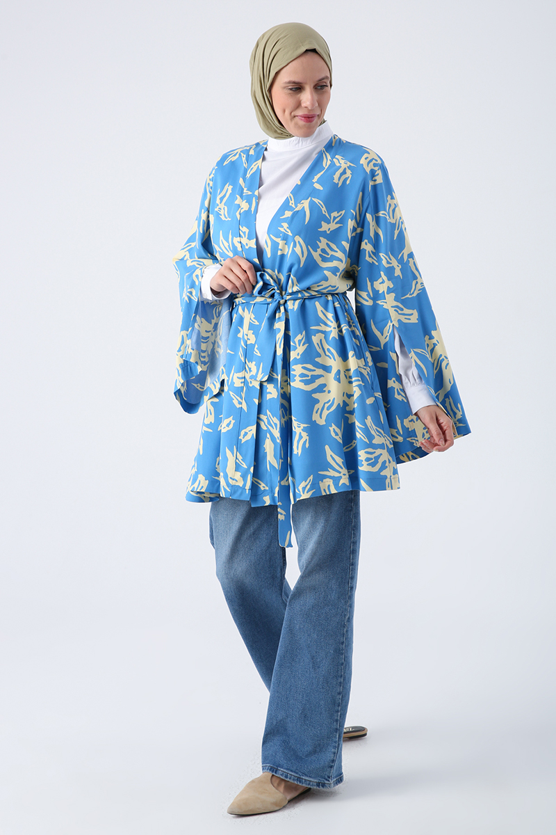 Oversize Kol Yırtmaç Detaylı Kuşaklı Desenli Kimono